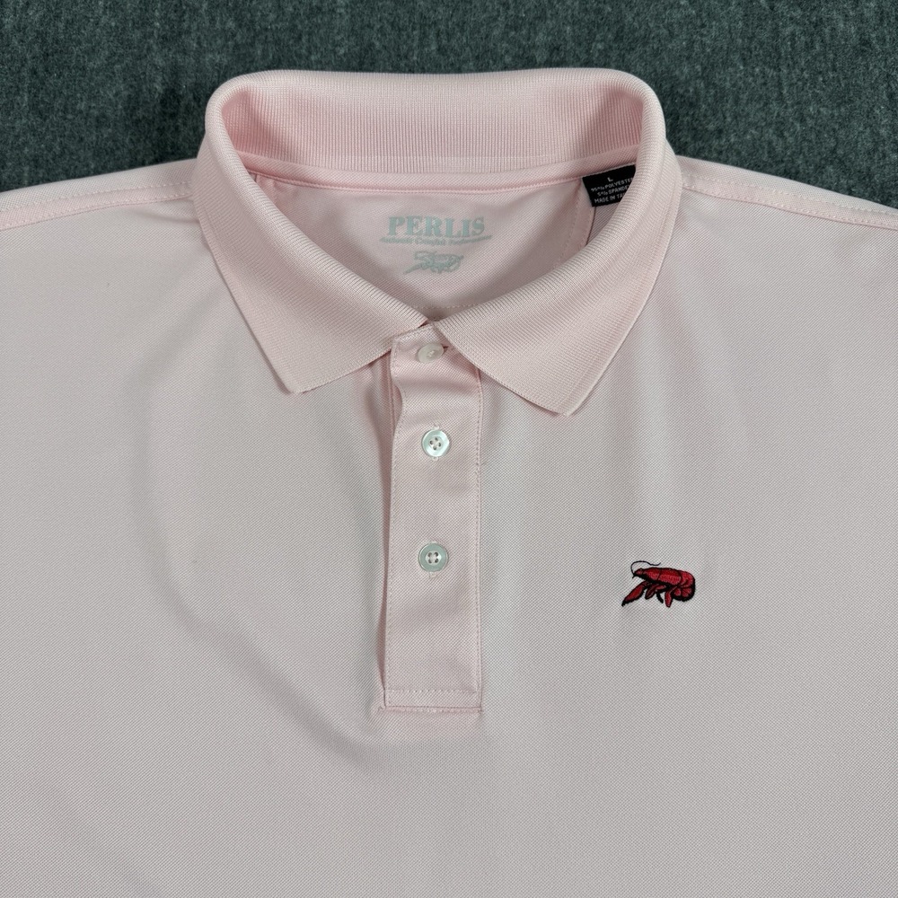 Perlis Men's Polo Shirt Large Pink Crawfish Logo Performance Golf Stretch